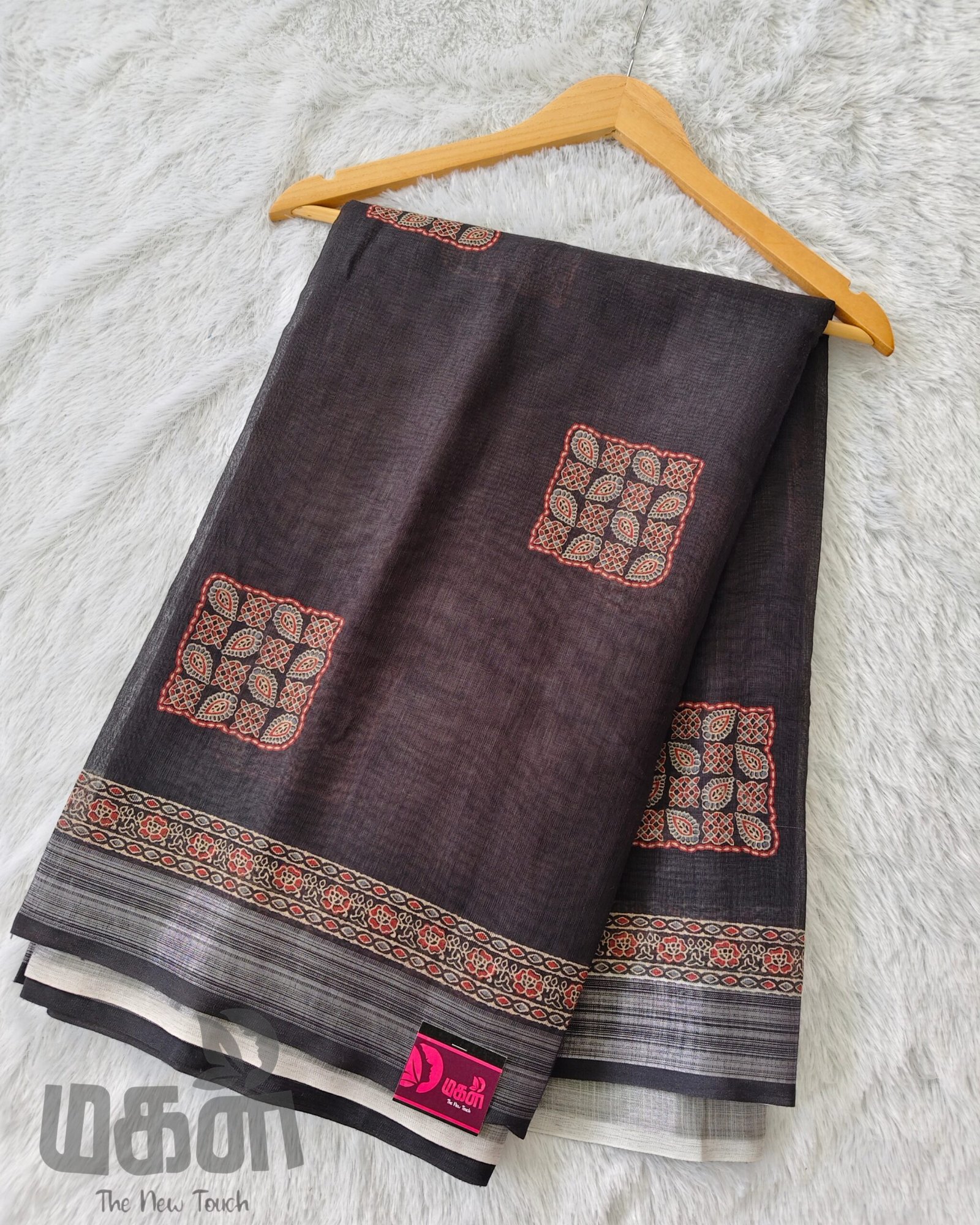 Linen cotton with ajrak print(Black)