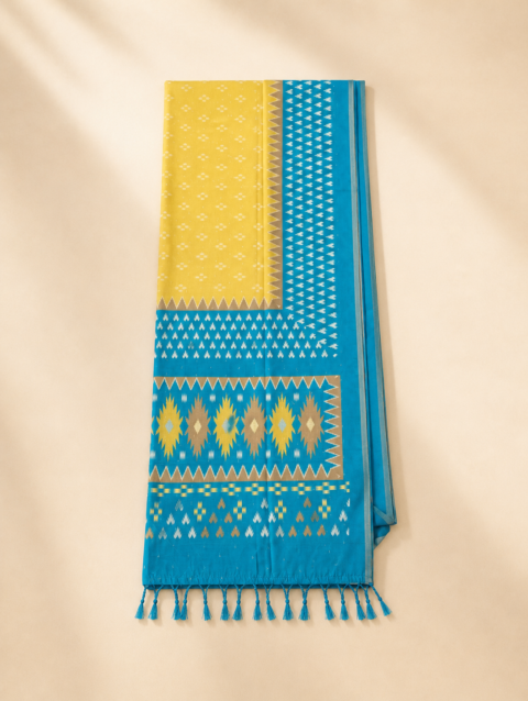 Sky Blue Yellow Printed Cotton Saree with Designer Border and Matching Blouse