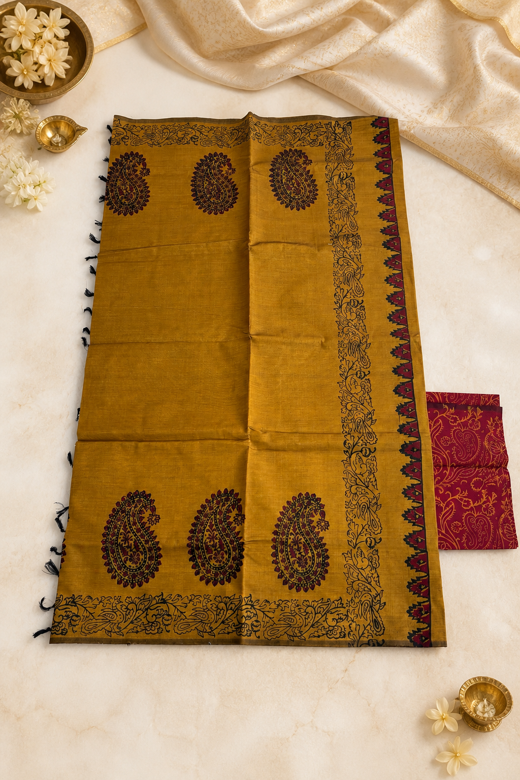 Mustard Gold Paisley Printed Cotton Saree with Maroon Border