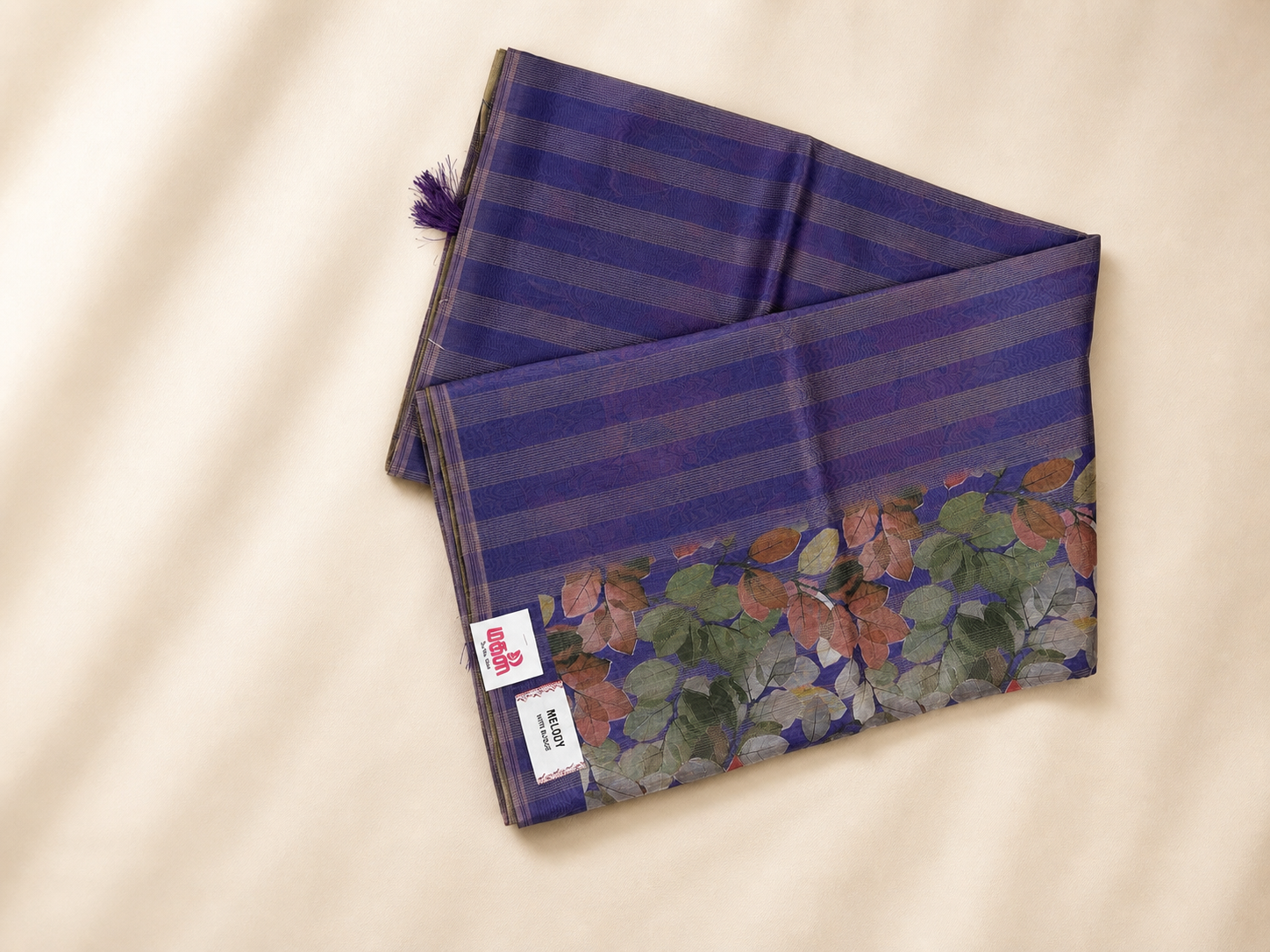 Royal Blue Floral Print Saree with Striped Border - Image 2