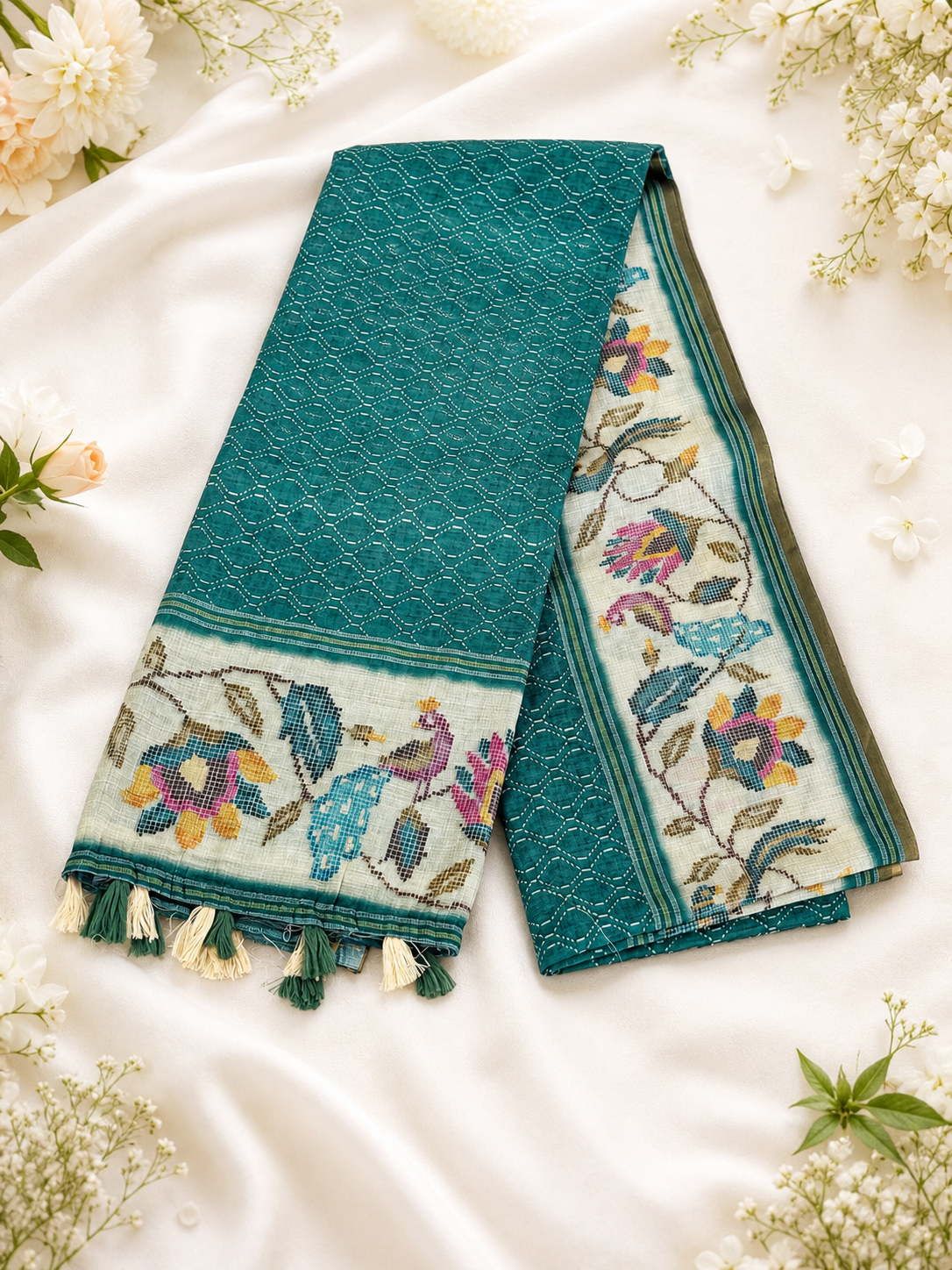Teal Green Floral Printed Saree with Contrast Border