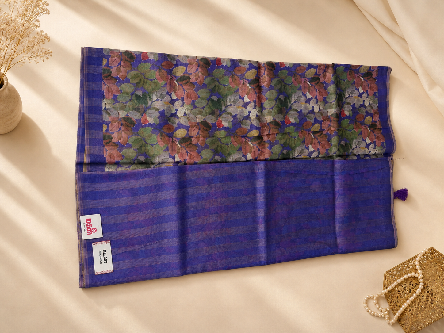 Royal Blue Floral Print Saree with Striped Border - Image 3