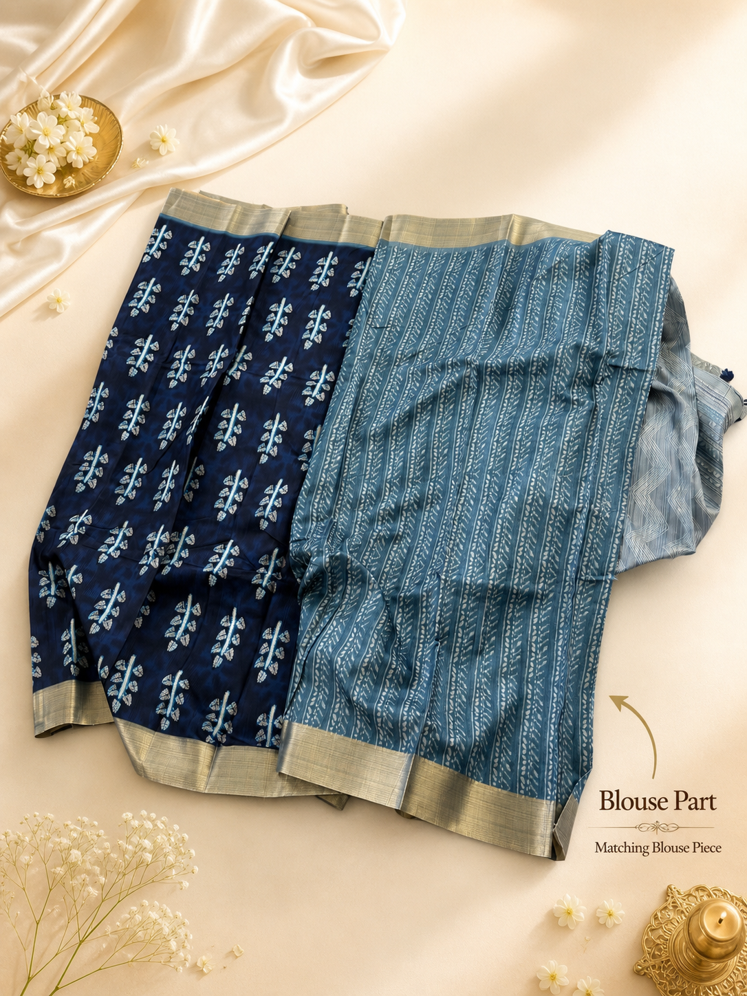 Navy Blue Denim Printed Cotton Saree - Image 2