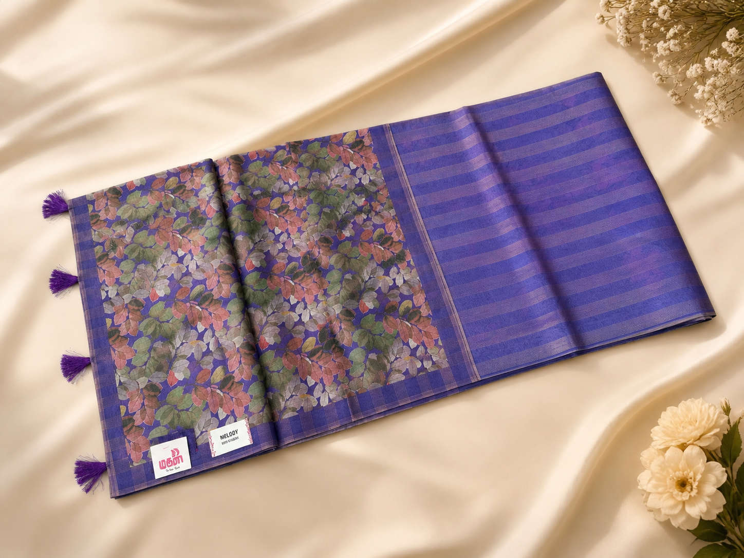 Royal Blue Floral Print Saree with Striped Border