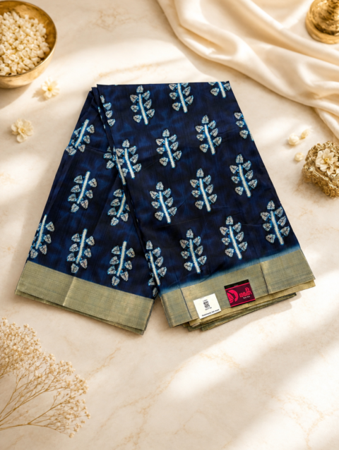 Navy Blue Denim Printed Cotton Saree
