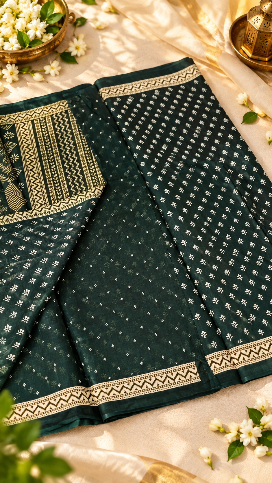 Deep Green Printed Cotton Silk Festive Saree with Cream Butti Work & Chevron Border - Image 2