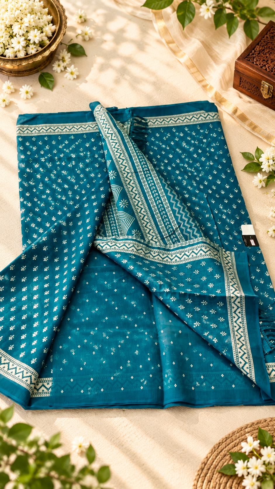 Peacock Blue Cotton Silk Saree with Elegant Cream Block Prints and Geometric Pallu - Image 2