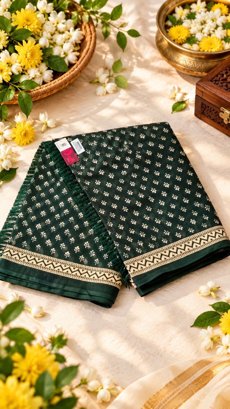 Deep Green Printed Cotton Silk Festive Saree with Cream Butti Work & Chevron Border