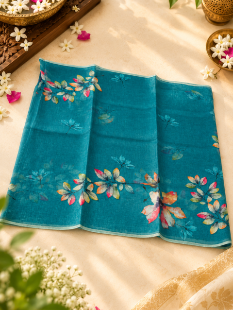 Teal Blue 💙| Floral Print saree