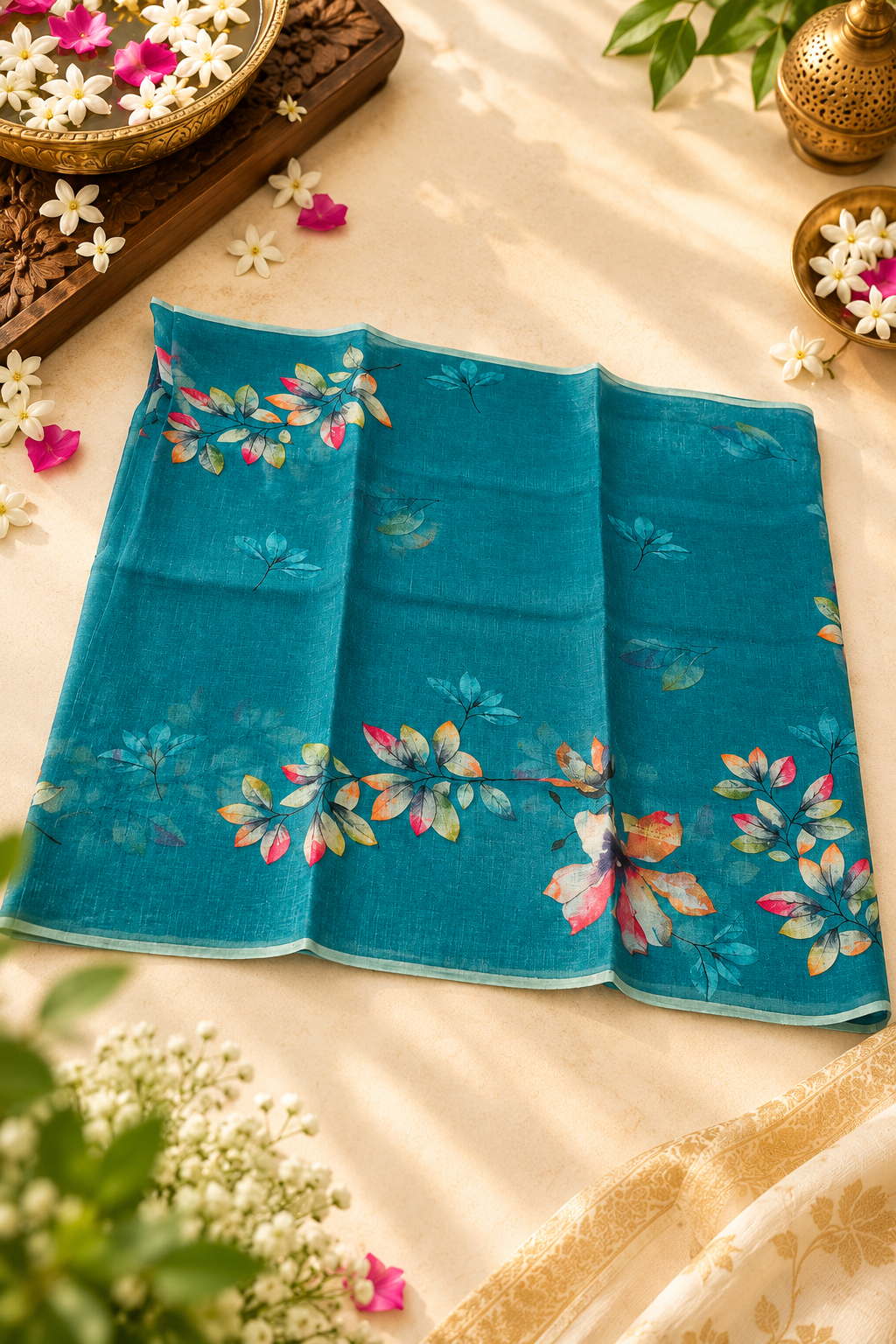 Teal Blue 💙| Floral Print saree