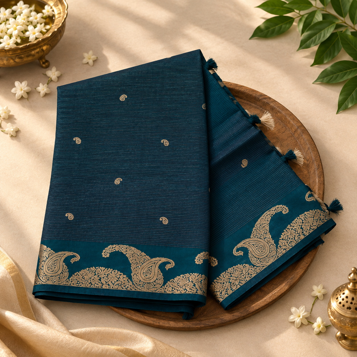 💙 Royal Teal Paisley Zari Saree