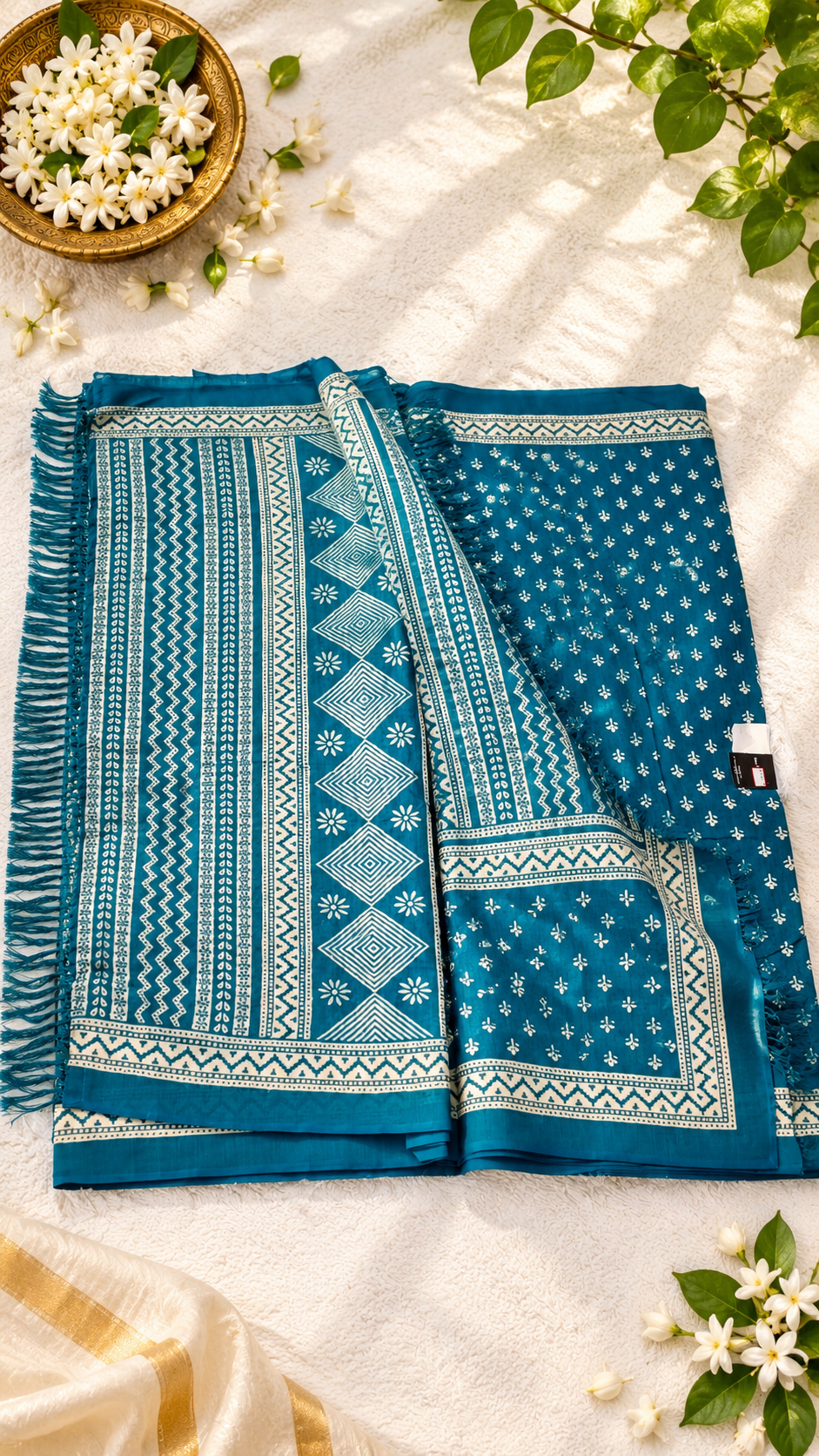 Peacock Blue Cotton Silk Saree with Elegant Cream Block Prints and Geometric Pallu
