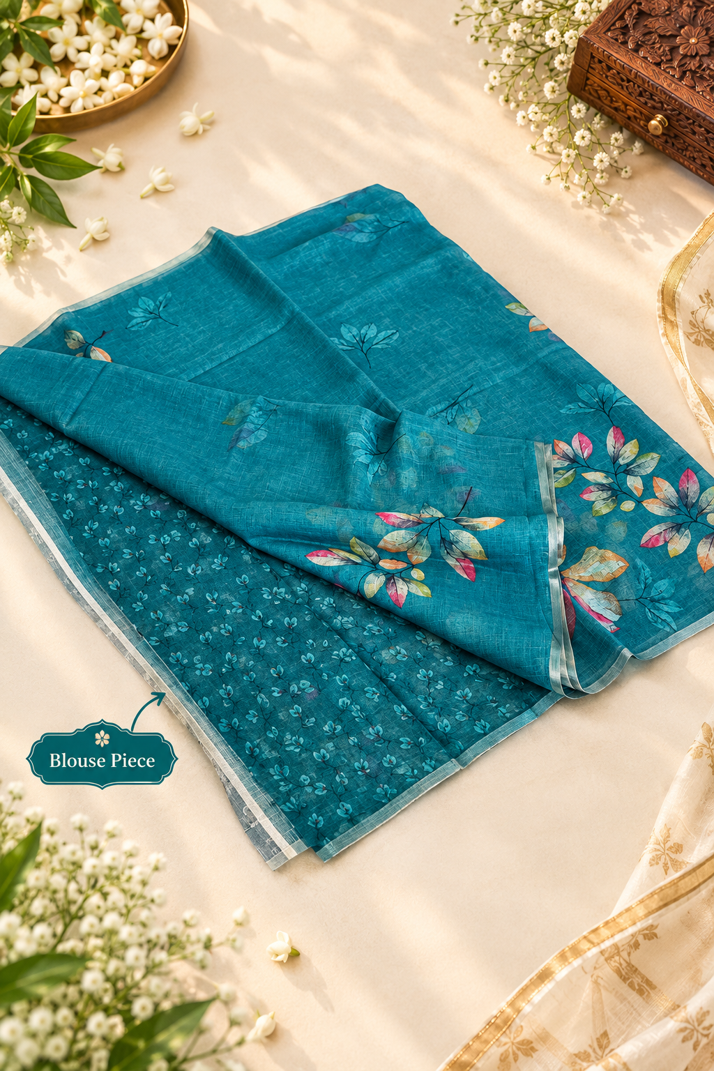 Teal Blue 💙| Floral Print saree - Image 2