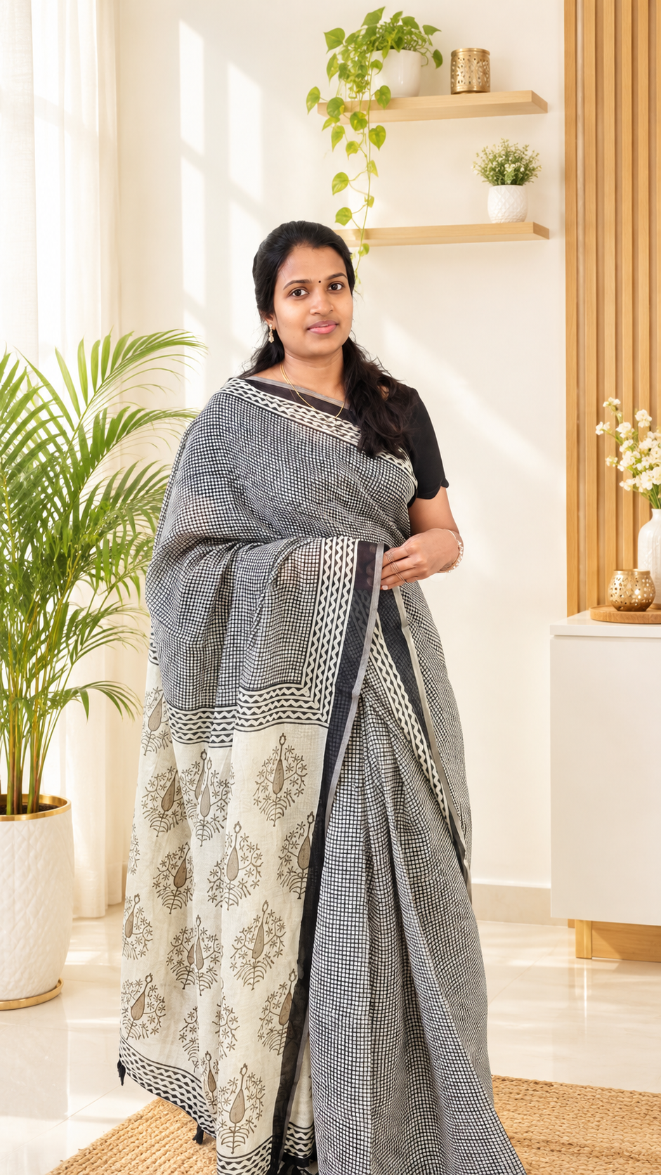 Black & White Printed Cotton Saree | Office & Daily Wear - Image 2