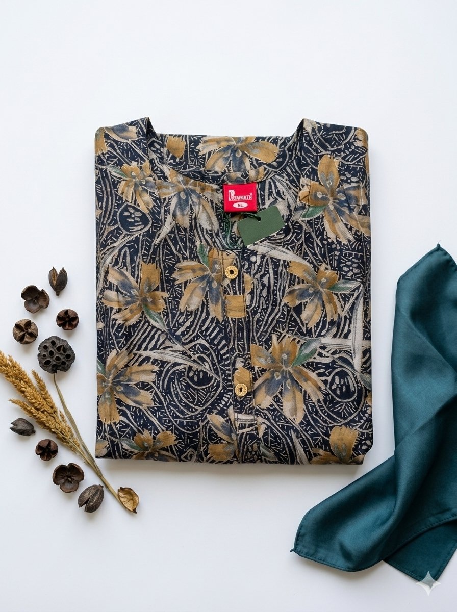 Damath Women Navy Blue & Ochre Floral Kalamkari Printed Cotton Straight Kurti