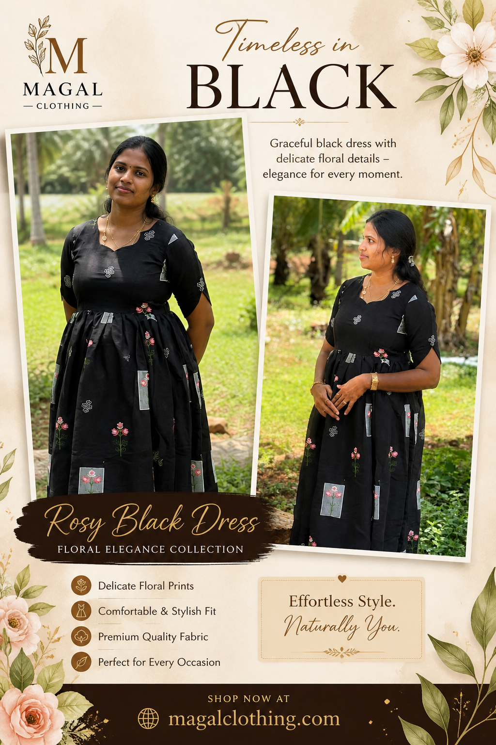 Rosy Black Floral Dress for Women | Elegant Printed Dress | Magal Clothing