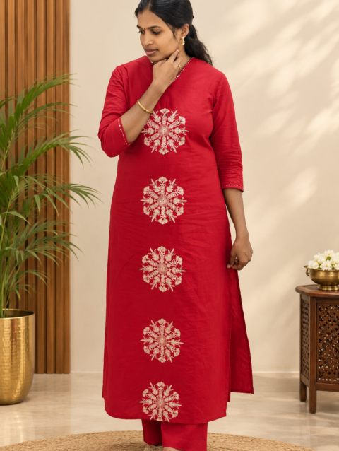 Maroon Embroidered Straight-Cut Kurti