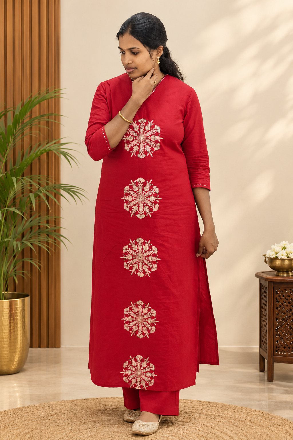 Maroon Embroidered Straight-Cut Kurti